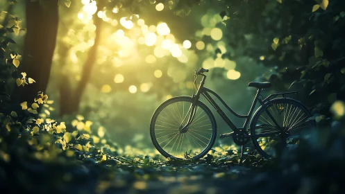 Bicycle Resting in Golden Forest Sunlight Among Blooming Flowers.
