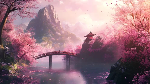Cherry blossom valley with red bridge and distant pagoda