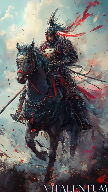 Storm-riding warlord on a crimson‑lashed battle steed.