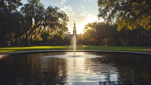 Campus fountain captures warm backlit sunset reflection
