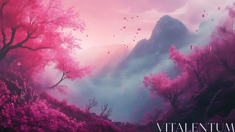 Pink mist valley with mountain peak and blossom trees.
