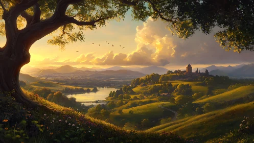 Golden sunset over a tranquil hillside town and river valley