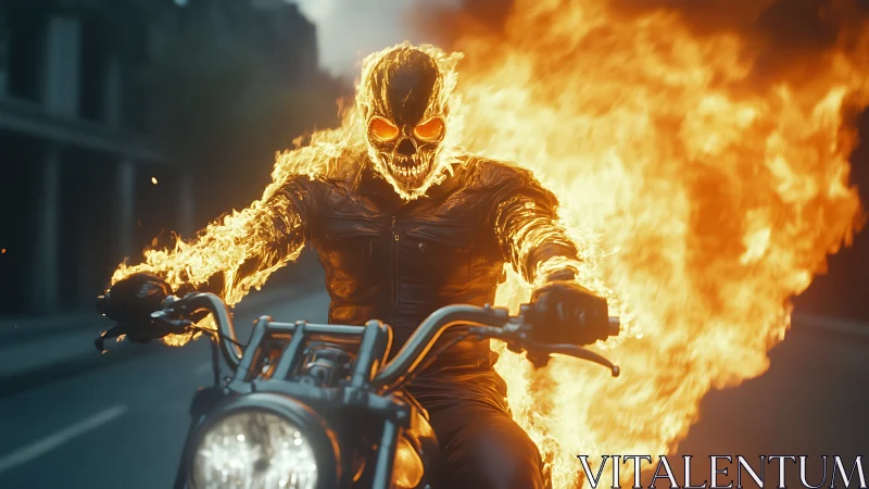 Fiery skull rider on motorcycle in dark urban street.