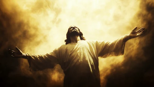 Uplifted robed figure welcomes blazing heavens in radiant light