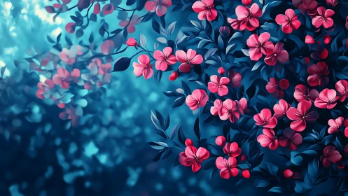 Pink Floral Rendering Against Deep Teal Digital Environment.