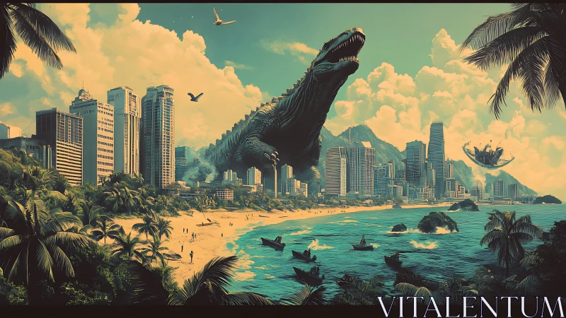 Seaside metropolis meets gentle giant in sunlit sci‑fi calm.