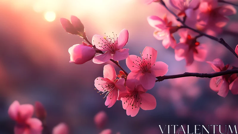 Spring's Pink Blossoms Glow in Warm Sunrise Light