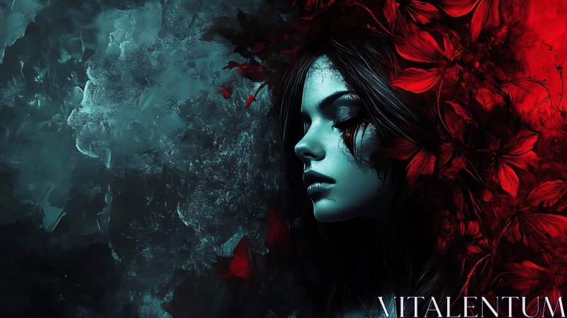 Melancholic woman emerges between icy void and crimson bloom