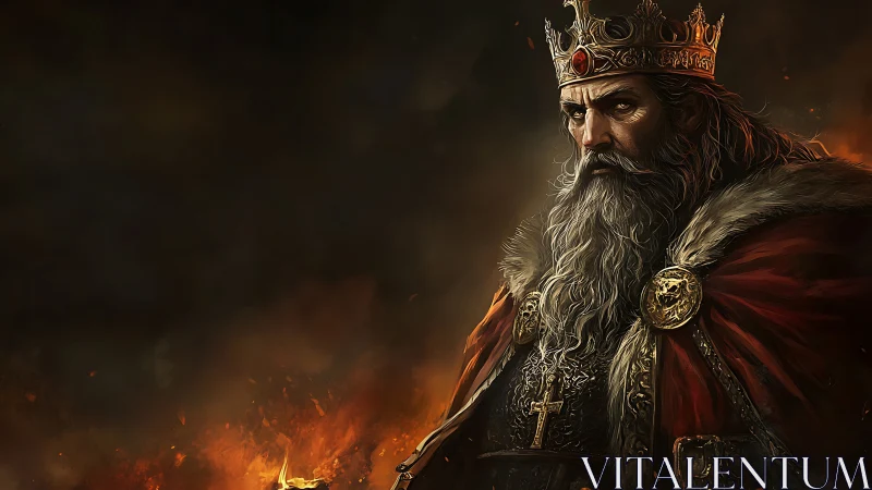 Brooding medieval king stands amid rising battlefield flames.