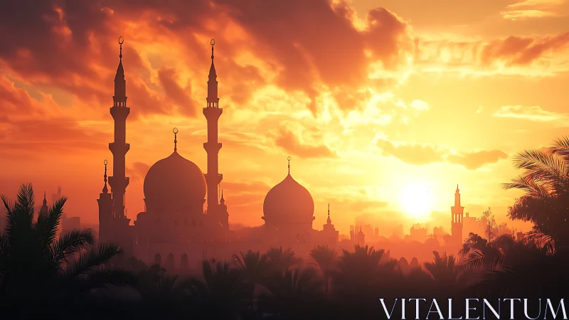 Golden sunset silhouettes grand mosque amid palm skyline