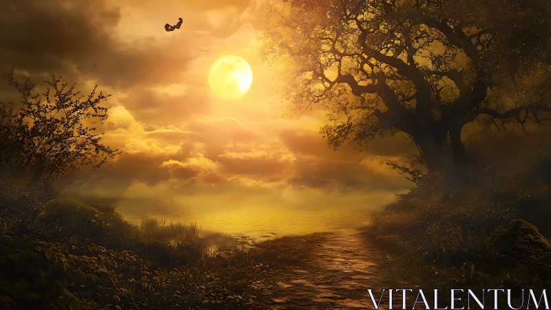 Golden moonrise over misted lake and winding forest path.