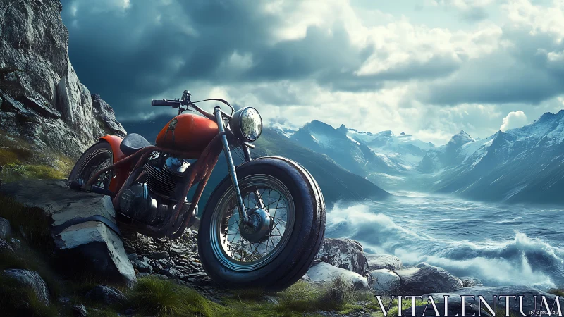 Vintage motorcycle above stormy fjord under dramatic sky.