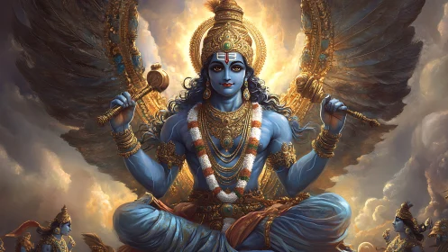 Divine blue deity sits radiant amid golden celestial wings.