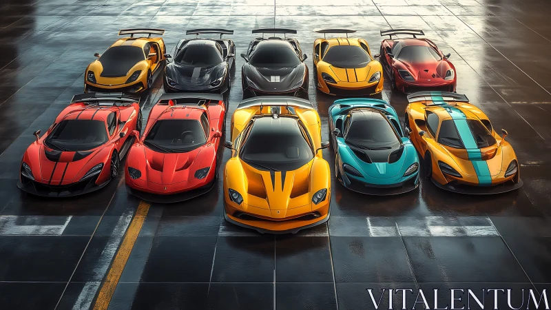 Vibrant supercar lineup glows on a sleek wet racetrack