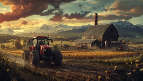 Red tractor crosses golden fields beneath dramatic peaks