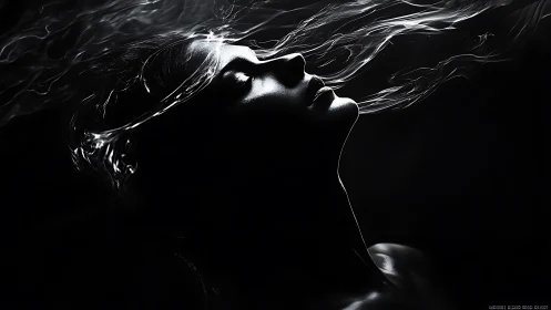 High-contrast side portrait merges fluid light trails with silhouette