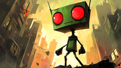 Small green robot outstares a collapsing neon apocalypse
