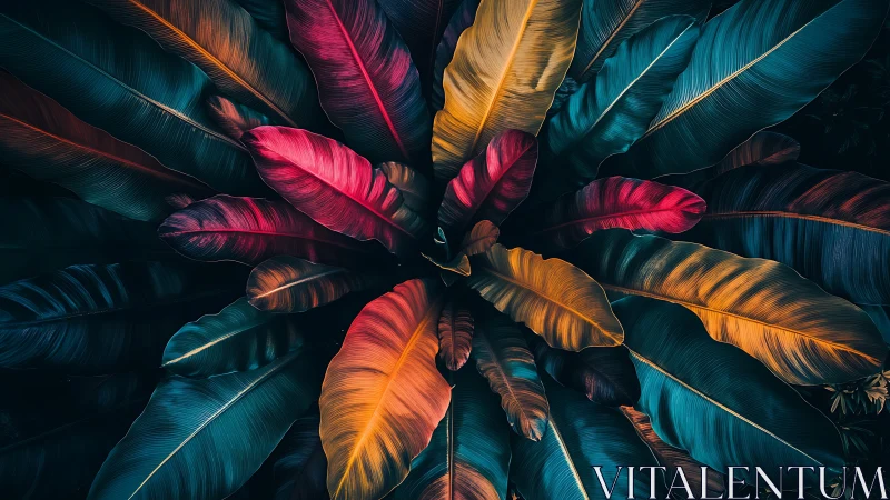 Radiant tropical leaves spiral in luminous multicolor symmetry.