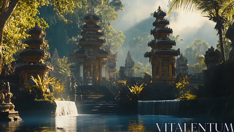 Sunlit Balinese temple complex framed by terraced waterfalls