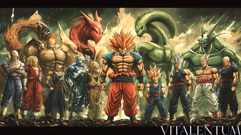 Dynamic anime ensemble with symmetrical heroic character lineup.