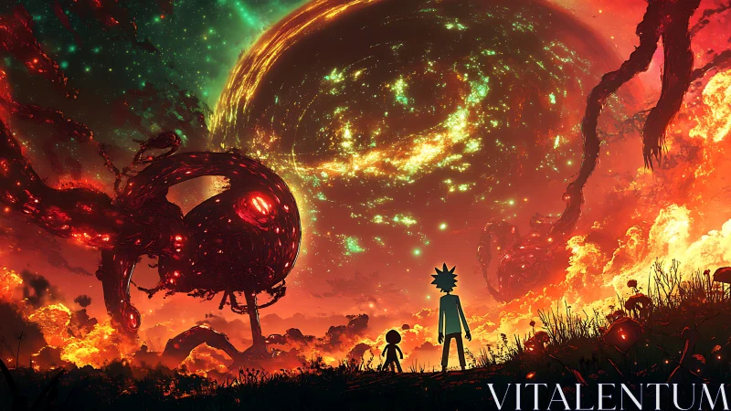 Stargazers confront a molten cosmic titan on a burning world.