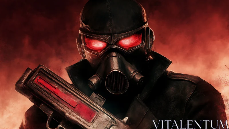 Post-apocalyptic trooper with gas mask and glowing visor stare