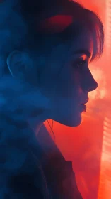 Side profile silhouette in red and blue gradient lighting.
