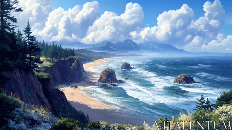 Cloud crowned cliffs and wandering tide lines of a wild coast.