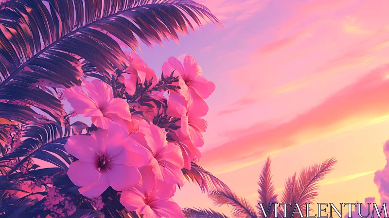 Soft tropical hibiscus blooms glow in a dreamy sunset sky