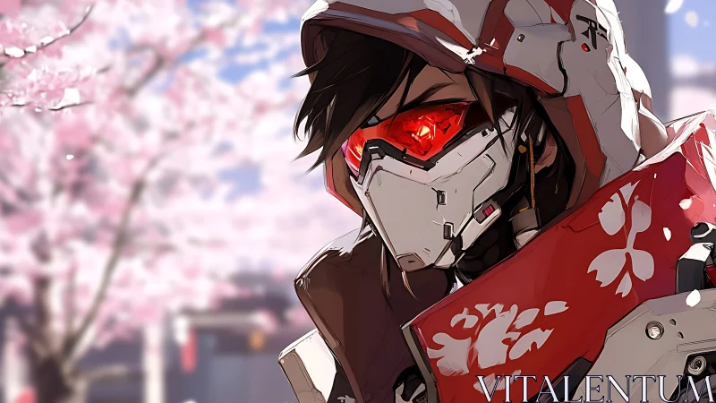 Cybernetic warrior in red hood against cherry blossoms.