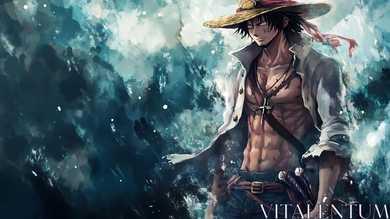 Stoic anime swordsman stands against a storm of ocean mist