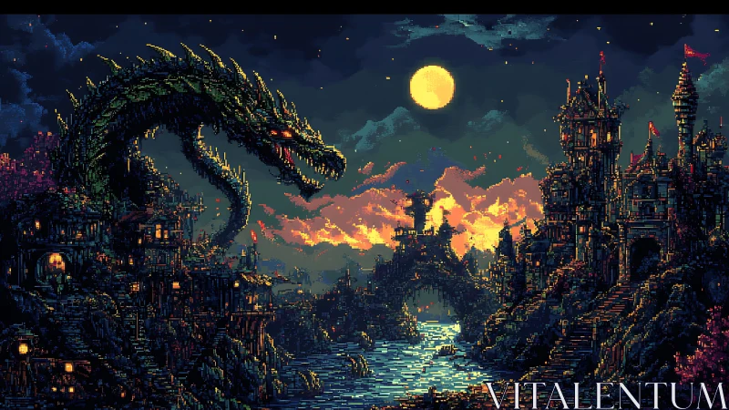 Moonlit pixel dragon curls over twin castles at river’s edge