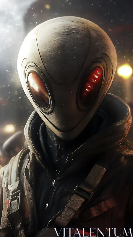 Mysterious streetwise alien traveler in a glowing night scene.