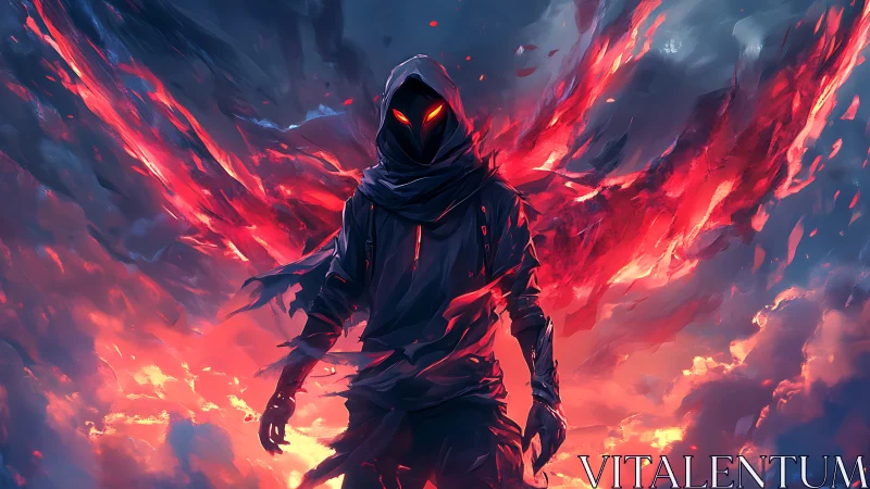 Hooded ember wraith strides through stormlit digital fire.