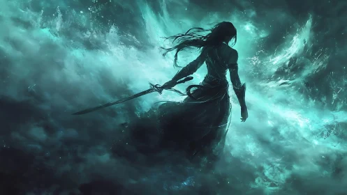 Warrior in teal stormlight confronts swirling cosmic chaos.