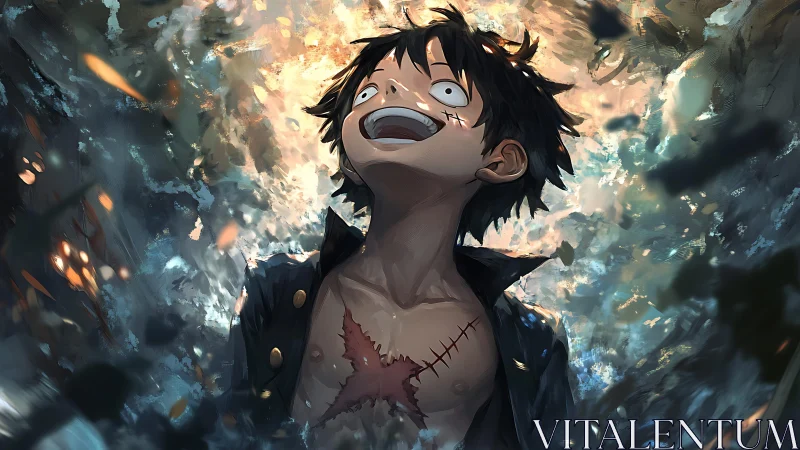 Young pirate with scarred chest amid erupting light shards