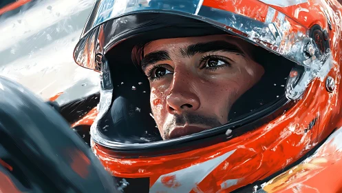 Racing driver’s intense gaze captured inside red helmet.