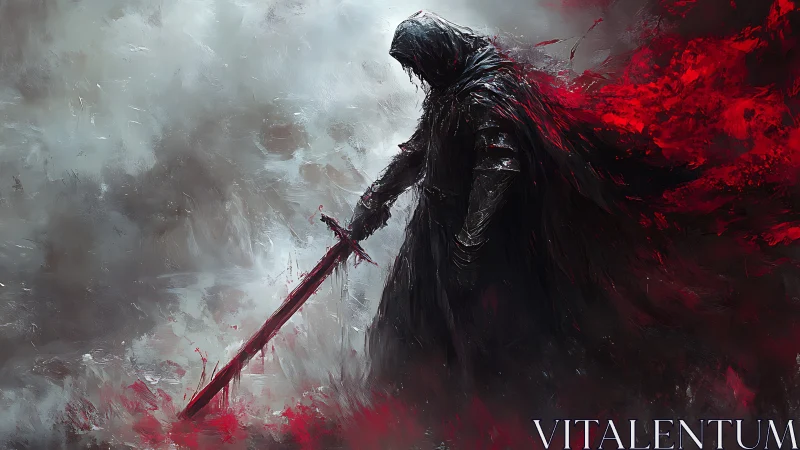 Hooded dark knight with bloodied sword in storm haze.
