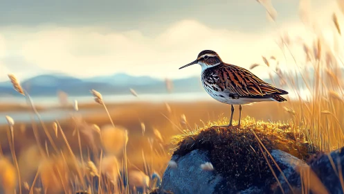 Shorebird standing on mossy rock in soft coastal light.