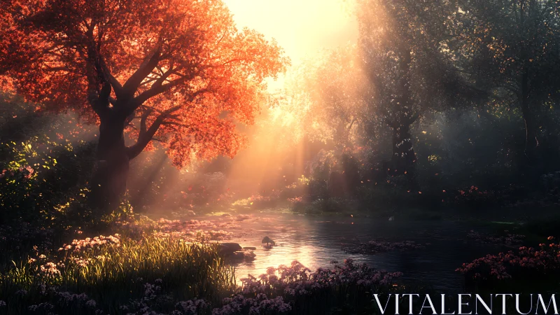 Golden forest light over tranquil river clearing at dawn.