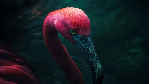 Flamingo glows in moody teal water with cinematic intensity