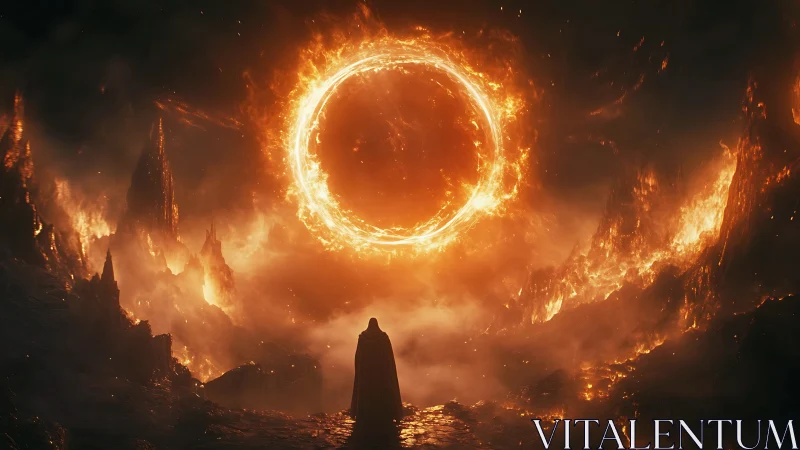 Fiery ring hangs above cloaked figure in infernal canyon.