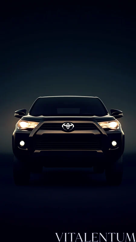 Midnight SUV prowls forward with twin halos of warm light