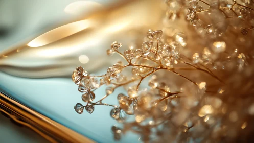 Macro study of golden dried florals reflected on glass surface