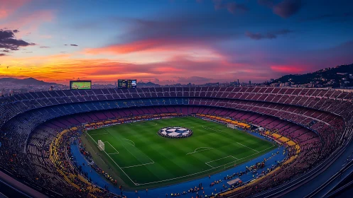 Sunset roar above a luminous football cathedral stadium.