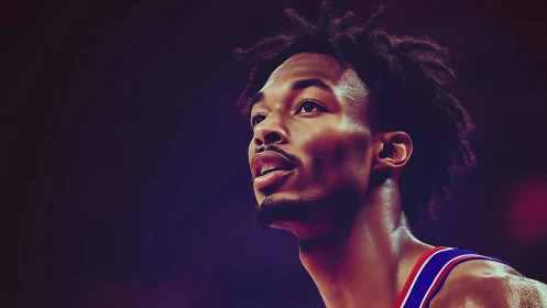 Focused basketball player gazes upward under arena lights.