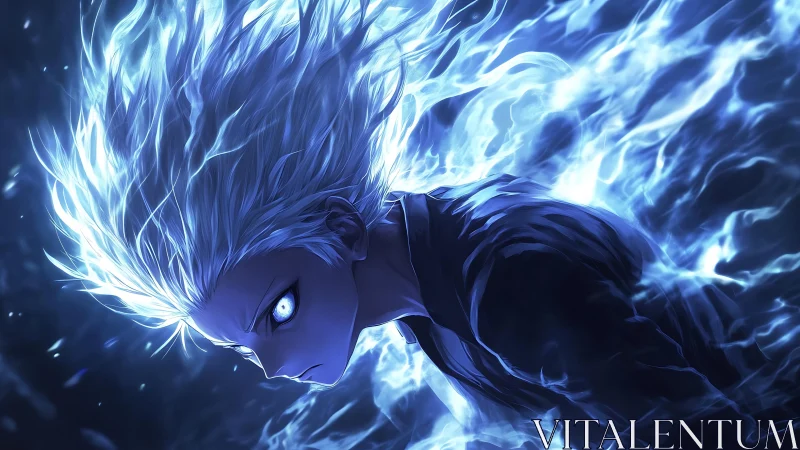 White haired anime character charges forward in blue flames