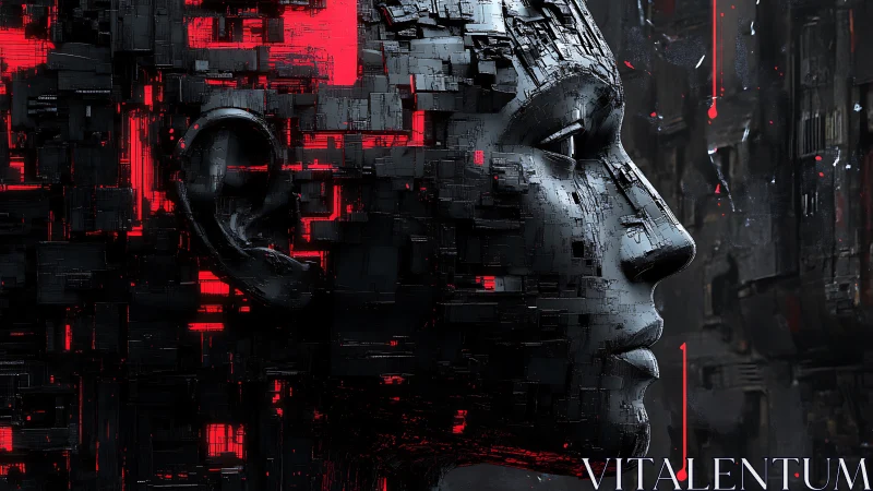 Cybernetic human profile built from dark circuit blocks.