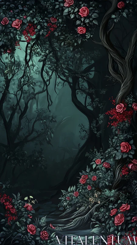 Dark Forest Path with Pink Roses.