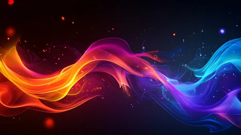 Colorful light waves flow across dark background space